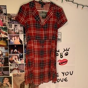 Red Plaid Collared Button Up Dress